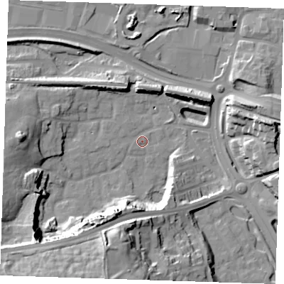 Shaded relief map of the ground around DA99PF, computed from Environment Agency LiDAR. The ground here sits at about 5 m above sea level and falls 37 m across the surrounding 800 m. Surface water reaching this point runs off ground lying to the south-west, 1.9 m higher.