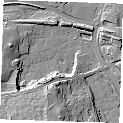Shaded relief map of the ground around DA99PG, computed from Environment Agency LiDAR. The ground here sits at about 4 m above sea level and falls 39 m across the surrounding 800 m. Surface water reaching this point runs off ground lying to the south-south-west, 23.2 m higher.