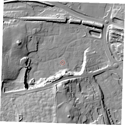 Shaded relief map of the ground around DA99PL, computed from Environment Agency LiDAR. The ground here sits at about 4 m above sea level and falls 39 m across the surrounding 800 m. Surface water reaching this point runs off ground lying to the south, 23.2 m higher.