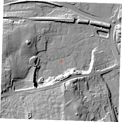 Shaded relief map of the ground around DA99PQ, computed from Environment Agency LiDAR. The ground here sits at about 5 m above sea level and falls 39 m across the surrounding 800 m. Surface water reaching this point runs off ground lying to the west-south-west, 1.0 m higher.