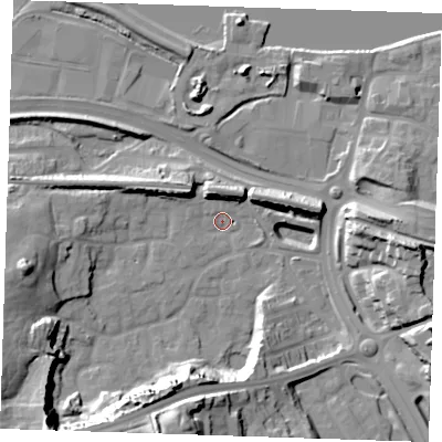 Shaded relief map of the ground around DA99PZ, computed from Environment Agency LiDAR. The ground here sits at about 5 m above sea level and falls 34 m across the surrounding 800 m. Surface water reaching this point runs off ground lying to the west-south-west, 16.0 m higher.