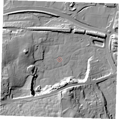 Shaded relief map of the ground around DA99QD, computed from Environment Agency LiDAR. The ground here sits at about 5 m above sea level and falls 38 m across the surrounding 800 m. Surface water reaching this point runs off ground lying to the south, 34.1 m higher.
