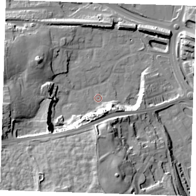 Shaded relief map of the ground around DA99QE, computed from Environment Agency LiDAR. The ground here sits at about 5 m above sea level and falls 40 m across the surrounding 800 m. Surface water reaching this point runs off ground lying to the south-south-west, 28.4 m higher.