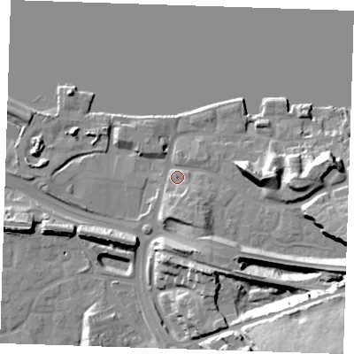 Shaded relief map of the ground around DA99QY, computed from Environment Agency LiDAR. The ground here sits at about 7 m above sea level and falls 38 m across the surrounding 800 m. Surface water reaching this point runs off ground lying to the east-south-east, 28.2 m higher.
