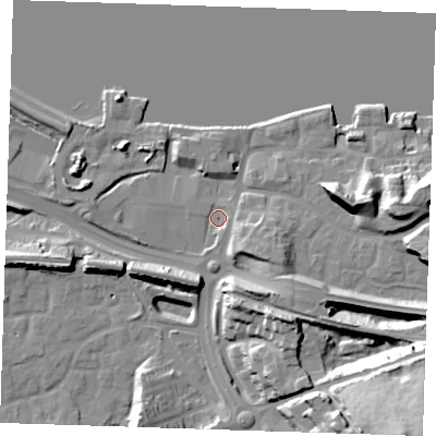 Shaded relief map of the ground around DA99UE, computed from Environment Agency LiDAR. The ground here sits at about 5 m above sea level and falls 36 m across the surrounding 800 m. Surface water reaching this point runs off ground lying to the east-south-east, 24.9 m higher.