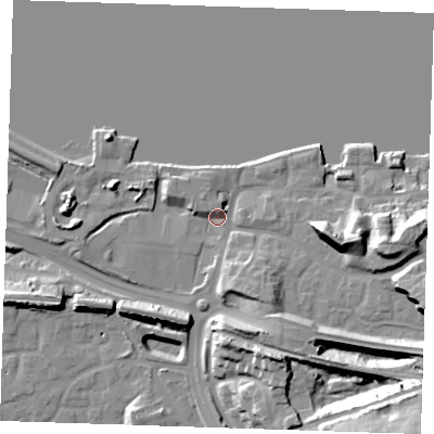 Shaded relief map of the ground around DA99UG, computed from Environment Agency LiDAR. The ground here sits at about 6 m above sea level and falls 33 m across the surrounding 800 m. Surface water reaching this point runs off ground lying to the south-east, 25.5 m higher.