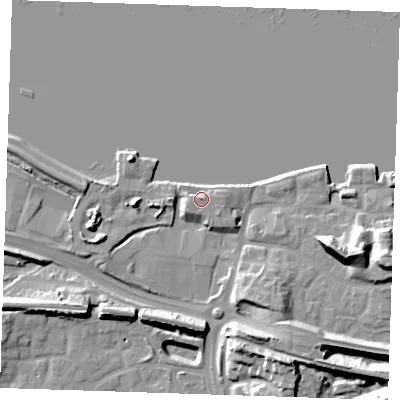 Shaded relief map of the ground around DA99UH, computed from Environment Agency LiDAR. The ground here sits at about 7 m above sea level and falls 24 m across the surrounding 800 m. Surface water reaching this point runs off ground lying to the south-east, 1.7 m higher.