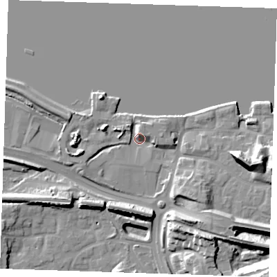 Shaded relief map of the ground around DA99UJ, computed from Environment Agency LiDAR. The ground here sits at about 6 m above sea level and falls 25 m across the surrounding 800 m. Surface water reaching this point runs off ground lying to the north, 3.9 m higher.