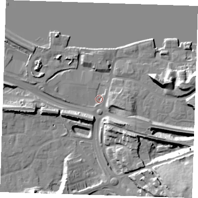 Shaded relief map of the ground around DA99UX, computed from Environment Agency LiDAR. The ground here sits at about 4 m above sea level and falls 37 m across the surrounding 800 m. Surface water reaching this point runs off ground lying to the east, 15.9 m higher.