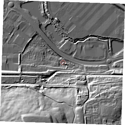 Shaded relief map of the ground around DA99YN, computed from Environment Agency LiDAR. The ground here sits at about 3 m above sea level and falls 44 m across the surrounding 800 m. Surface water reaching this point runs off ground lying to the south-south-west, 42.2 m higher.