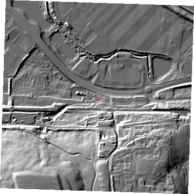 Shaded relief map of the ground around DA99YP, computed from Environment Agency LiDAR. The ground here sits at about 4 m above sea level and falls 44 m across the surrounding 800 m. Surface water reaching this point runs off ground lying to the south, 33.8 m higher.