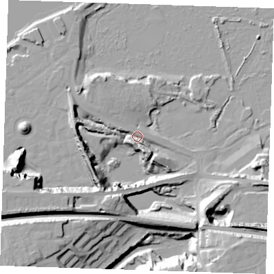 Shaded relief map of the ground around DA99YR, computed from Environment Agency LiDAR. The ground here sits at about 6 m above sea level and falls 31 m across the surrounding 800 m. Surface water reaching this point runs off ground lying to the south-south-west, 21.4 m higher.