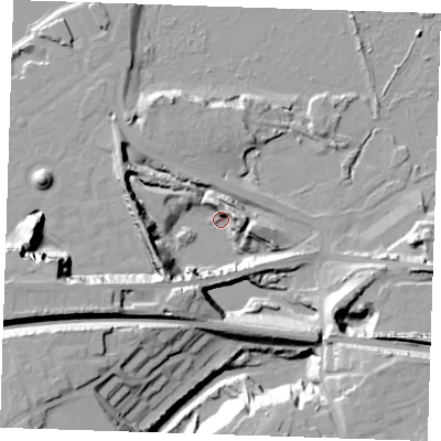 Shaded relief map of the ground around DA99YW, computed from Environment Agency LiDAR. The ground here sits at about 2 m above sea level and falls 32 m across the surrounding 800 m. Surface water reaching this point runs off ground lying to the south-west, 21.4 m higher.