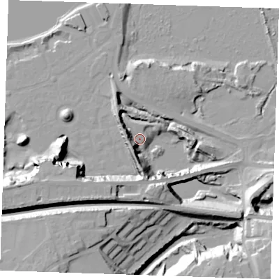 Shaded relief map of the ground around DA99YX, computed from Environment Agency LiDAR. The ground here sits at about 6 m above sea level and falls 32 m across the surrounding 800 m. Surface water reaching this point runs off ground lying to the south, 21.4 m higher.