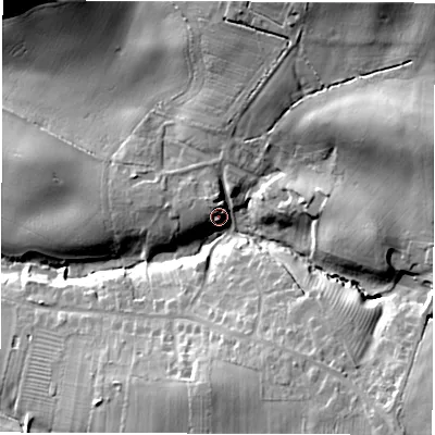 Shaded relief map of the ground around DE117AH, computed from Environment Agency LiDAR. The ground here sits at about 100 m above sea level and falls 31 m across the surrounding 800 m. Surface water reaching this point runs off ground lying to the north, 6.3 m higher.