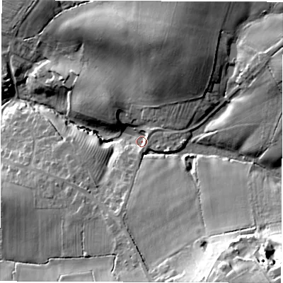 Shaded relief map of the ground around DE117AS, computed from Environment Agency LiDAR. The ground here sits at about 103 m above sea level and falls 37 m across the surrounding 800 m. Surface water reaching this point runs off ground lying to the south-east, 26.1 m higher.