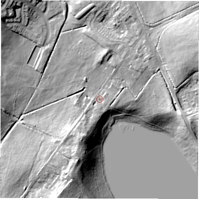 Shaded relief map of the ground around DE118HA, computed from Environment Agency LiDAR. The ground here sits at about 105 m above sea level and falls 29 m across the surrounding 800 m. Surface water reaching this point runs off ground lying to the east-north-east, 22.0 m higher.