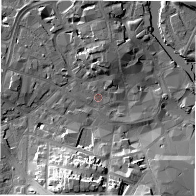 Shaded relief map of the ground around DE11BA, computed from Environment Agency LiDAR. The ground here sits at about 47 m above sea level and falls 23 m across the surrounding 800 m. Surface water reaching this point runs off ground lying to the north, 7.5 m higher.