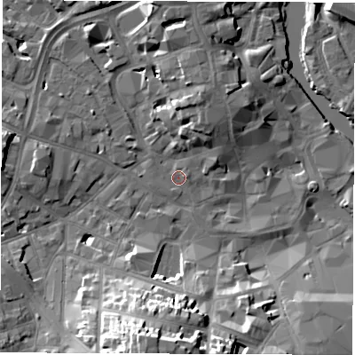 Shaded relief map of the ground around DE11BE, computed from Environment Agency LiDAR. The ground here sits at about 48 m above sea level and falls 23 m across the surrounding 800 m. Surface water reaching this point runs off ground lying to the north-west, 0.6 m higher.