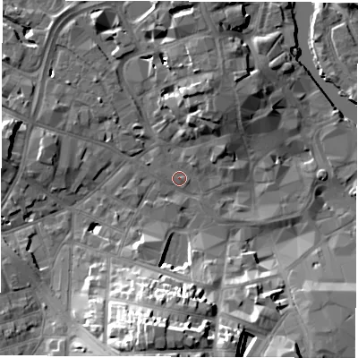 Shaded relief map of the ground around DE11BJ, computed from Environment Agency LiDAR. The ground here sits at about 48 m above sea level and falls 22 m across the surrounding 800 m. Surface water reaching this point runs off ground lying to the south, 21.0 m higher.