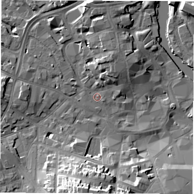 Shaded relief map of the ground around DE11BQ, computed from Environment Agency LiDAR. The ground here sits at about 48 m above sea level and falls 23 m across the surrounding 800 m. Surface water reaching this point runs off ground lying to the west, 7.3 m higher.