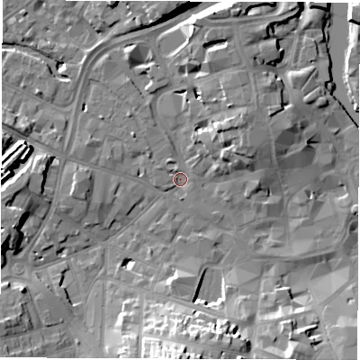 Shaded relief map of the ground around DE11BR, computed from Environment Agency LiDAR. The ground here sits at about 48 m above sea level and falls 21 m across the surrounding 800 m. Surface water reaching this point runs off ground lying to the west-north-west, 2.8 m higher.