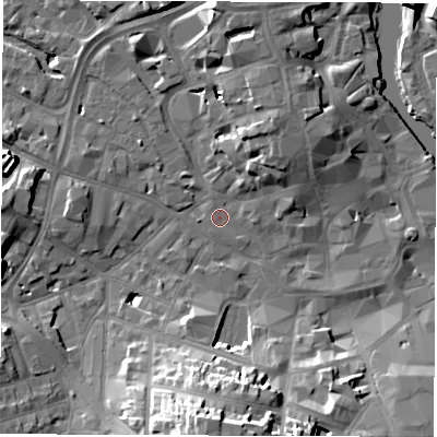 Shaded relief map of the ground around DE11BS, computed from Environment Agency LiDAR. The ground here sits at about 48 m above sea level and falls 23 m across the surrounding 800 m. Surface water reaching this point runs off ground lying to the east, 0.9 m higher.