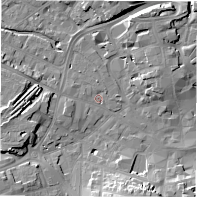 Shaded relief map of the ground around DE11BU, computed from Environment Agency LiDAR. The ground here sits at about 48 m above sea level and falls 16 m across the surrounding 800 m. Surface water reaching this point runs off ground lying to the west-north-west, 2.6 m higher.