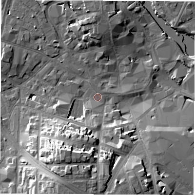 Shaded relief map of the ground around DE11BZ, computed from Environment Agency LiDAR. The ground here sits at about 47 m above sea level and falls 23 m across the surrounding 800 m. Surface water reaching this point runs off ground lying to the south-south-west, 21.3 m higher.
