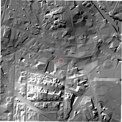 Shaded relief map of the ground around DE11EB, computed from Environment Agency LiDAR. The ground here sits at about 47 m above sea level and falls 23 m across the surrounding 800 m. Surface water reaching this point runs off ground lying to the south-south-west, 14.0 m higher.