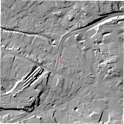Shaded relief map of the ground around DE11EE, computed from Environment Agency LiDAR. The ground here sits at about 49 m above sea level and falls 14 m across the surrounding 800 m. Surface water reaching this point runs off ground lying to the west-south-west, 8.8 m higher.