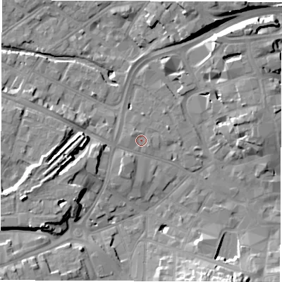 Shaded relief map of the ground around DE11EH, computed from Environment Agency LiDAR. The ground here sits at about 49 m above sea level and falls 14 m across the surrounding 800 m. Surface water reaching this point runs off ground lying to the west-north-west, 1.1 m higher.
