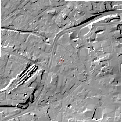 Shaded relief map of the ground around DE11EP, computed from Environment Agency LiDAR. The ground here sits at about 49 m above sea level and falls 14 m across the surrounding 800 m. Surface water reaching this point runs off ground lying to the south-west, 1.2 m higher.