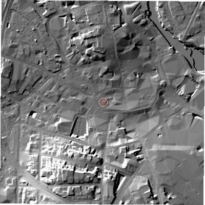 Shaded relief map of the ground around DE11EQ, computed from Environment Agency LiDAR. The ground here sits at about 47 m above sea level and falls 23 m across the surrounding 800 m. Surface water reaching this point runs off ground lying to the south-south-west, 21.3 m higher.