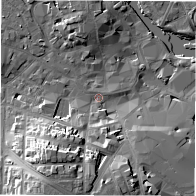 Shaded relief map of the ground around DE11ES, computed from Environment Agency LiDAR. The ground here sits at about 47 m above sea level and falls 23 m across the surrounding 800 m. Surface water reaching this point runs off ground lying to the south-south-west, 21.4 m higher.