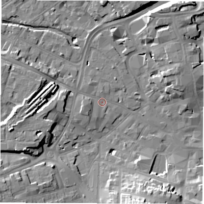 Shaded relief map of the ground around DE11EX, computed from Environment Agency LiDAR. The ground here sits at about 49 m above sea level and falls 18 m across the surrounding 800 m. Surface water reaching this point runs off ground lying to the west, 5.9 m higher.