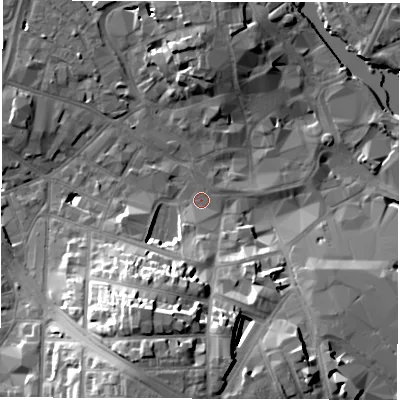 Shaded relief map of the ground around DE11FB, computed from Environment Agency LiDAR. The ground here sits at about 47 m above sea level and falls 23 m across the surrounding 800 m. Surface water reaching this point runs off ground lying to the south-south-west, 21.3 m higher.