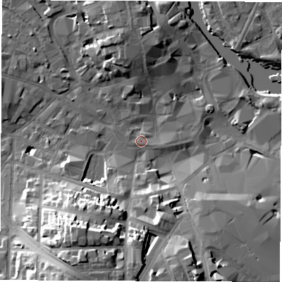 Shaded relief map of the ground around DE11GW, computed from Environment Agency LiDAR. The ground here sits at about 47 m above sea level and falls 23 m across the surrounding 800 m. Surface water reaching this point runs off ground lying to the south-south-west, 21.3 m higher.
