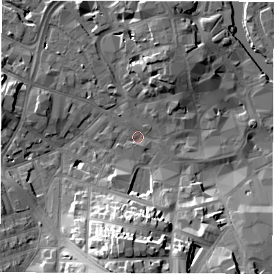Shaded relief map of the ground around DE11HA, computed from Environment Agency LiDAR. The ground here sits at about 47 m above sea level and falls 23 m across the surrounding 800 m. Surface water reaching this point runs off ground lying to the south, 21.3 m higher.