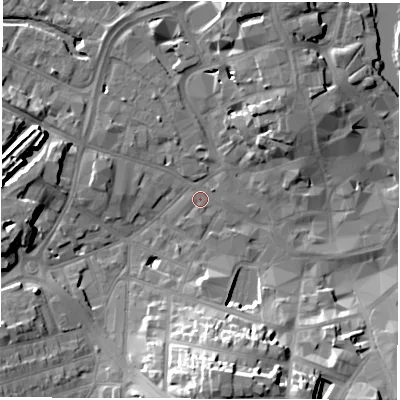 Shaded relief map of the ground around DE11HJ, computed from Environment Agency LiDAR. The ground here sits at about 48 m above sea level and falls 22 m across the surrounding 800 m. Surface water reaching this point runs off ground lying to the south, 21.0 m higher.