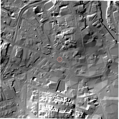 Shaded relief map of the ground around DE11HS, computed from Environment Agency LiDAR. The ground here sits at about 48 m above sea level and falls 23 m across the surrounding 800 m. Surface water reaching this point runs off ground lying to the north-north-west, 0.6 m higher.