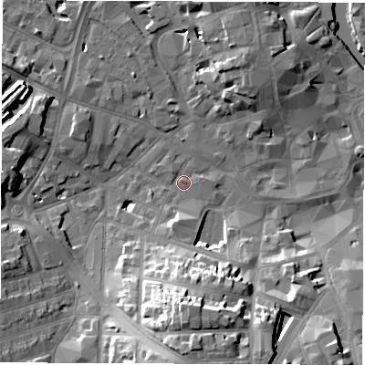 Shaded relief map of the ground around DE11HT, computed from Environment Agency LiDAR. The ground here sits at about 48 m above sea level and falls 23 m across the surrounding 800 m. Surface water reaching this point runs off ground lying to the south, 19.5 m higher.