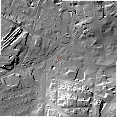Shaded relief map of the ground around DE11HU, computed from Environment Agency LiDAR. The ground here sits at about 48 m above sea level and falls 21 m across the surrounding 800 m. Surface water reaching this point runs off ground lying to the south-south-east, 1.7 m higher.