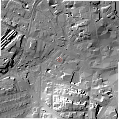 Shaded relief map of the ground around DE11HW, computed from Environment Agency LiDAR. The ground here sits at about 48 m above sea level and falls 23 m across the surrounding 800 m. Surface water reaching this point runs off ground lying to the south, 1.7 m higher.
