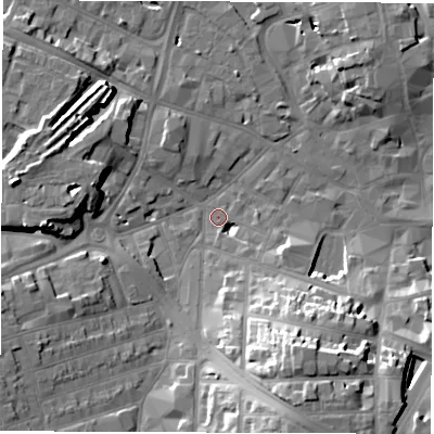 Shaded relief map of the ground around DE11JD, computed from Environment Agency LiDAR. The ground here sits at about 48 m above sea level and falls 21 m across the surrounding 800 m. Surface water reaching this point runs off ground lying to the south-south-east, 19.1 m higher.