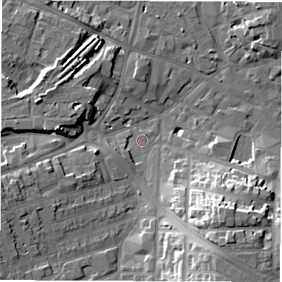 Shaded relief map of the ground around DE11JQ, computed from Environment Agency LiDAR. The ground here sits at about 49 m above sea level and falls 21 m across the surrounding 800 m. Surface water reaching this point runs off ground lying to the south-east, 17.6 m higher.