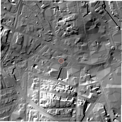 Shaded relief map of the ground around DE11JY, computed from Environment Agency LiDAR. The ground here sits at about 48 m above sea level and falls 23 m across the surrounding 800 m. Surface water reaching this point runs off ground lying to the south-west, 4.5 m higher.
