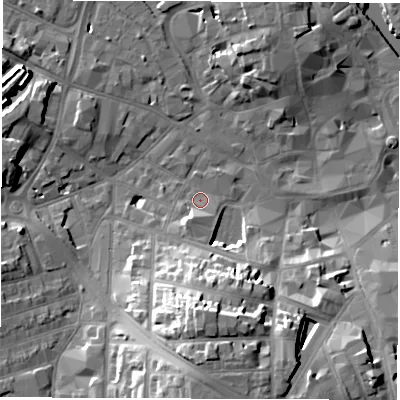 Shaded relief map of the ground around DE11LA, computed from Environment Agency LiDAR. The ground here sits at about 48 m above sea level and falls 23 m across the surrounding 800 m. Surface water reaching this point runs off ground lying to the south-south-west, 4.4 m higher.