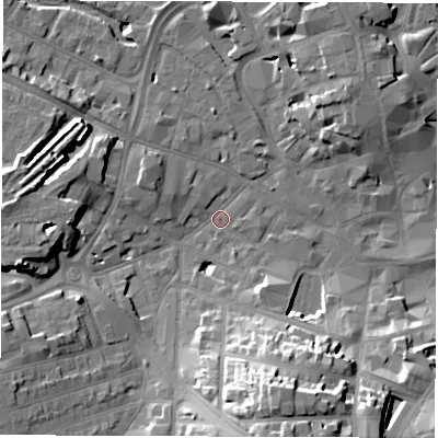 Shaded relief map of the ground around DE11LH, computed from Environment Agency LiDAR. The ground here sits at about 48 m above sea level and falls 21 m across the surrounding 800 m. Surface water reaching this point runs off ground lying to the south-south-east, 19.7 m higher.
