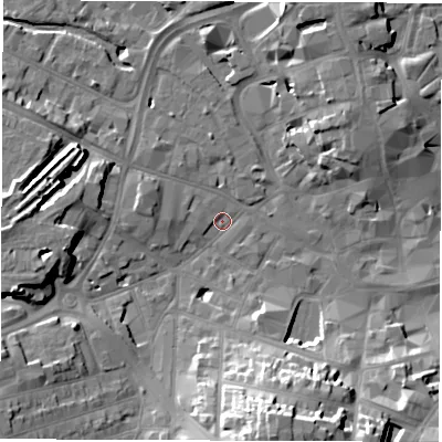 Shaded relief map of the ground around DE11LL, computed from Environment Agency LiDAR. The ground here sits at about 48 m above sea level and falls 21 m across the surrounding 800 m. Surface water reaching this point runs off ground lying to the south-south-east, 19.5 m higher.